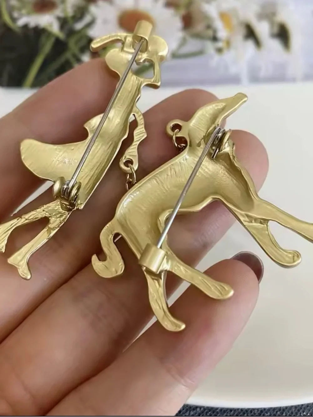 Lady Walking Dog Chain Brooch